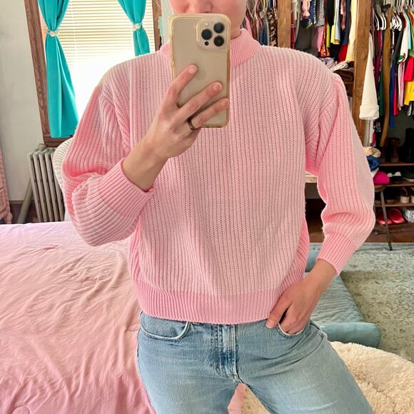 Vintage 80s 90s Pink + White Mock Neck Ribbed Knit Sweater / S - Picture 2 of 11